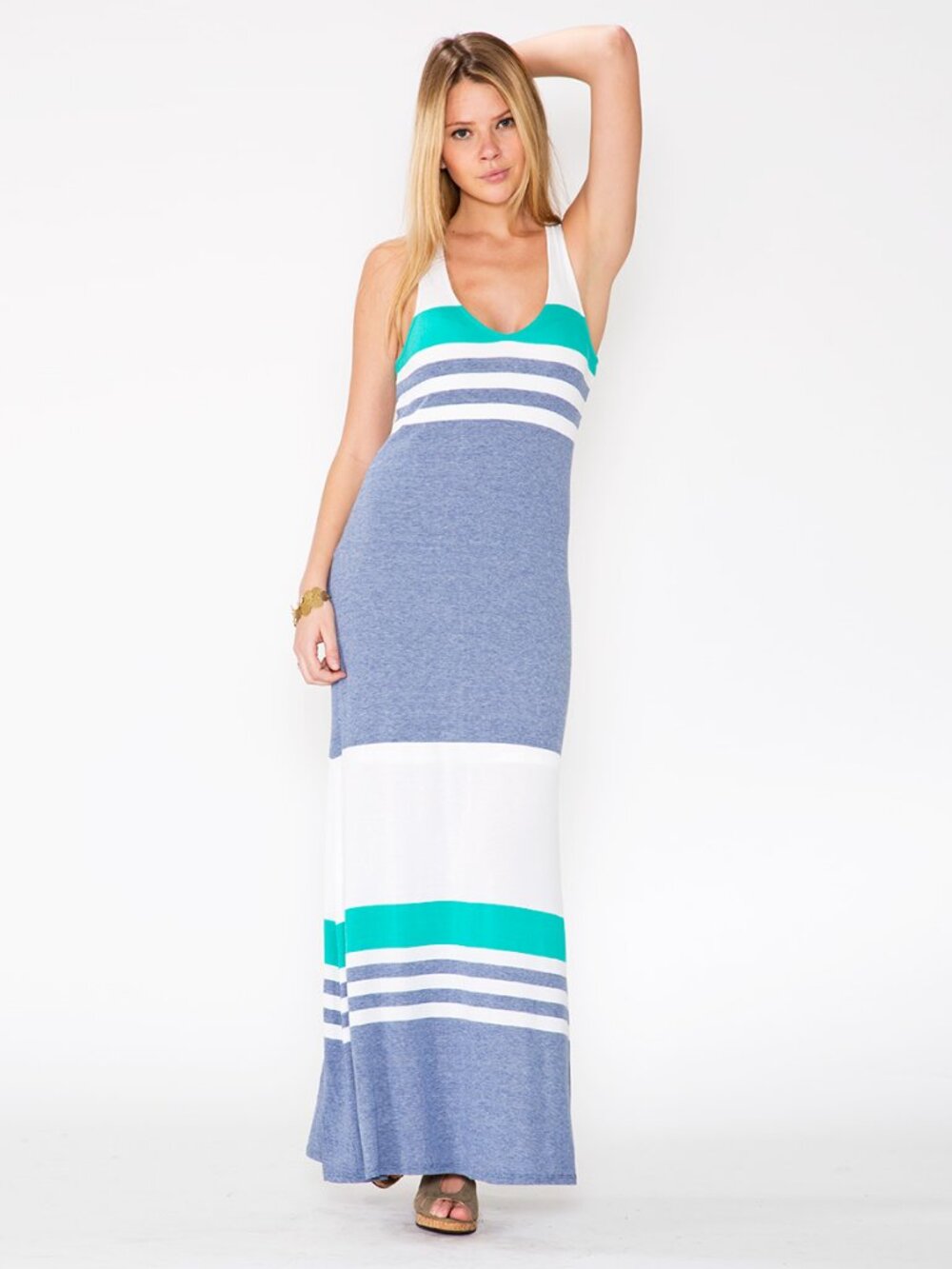 NWT Red Haute Women's Cross Back Maxi Dress Denim Stripe Size S